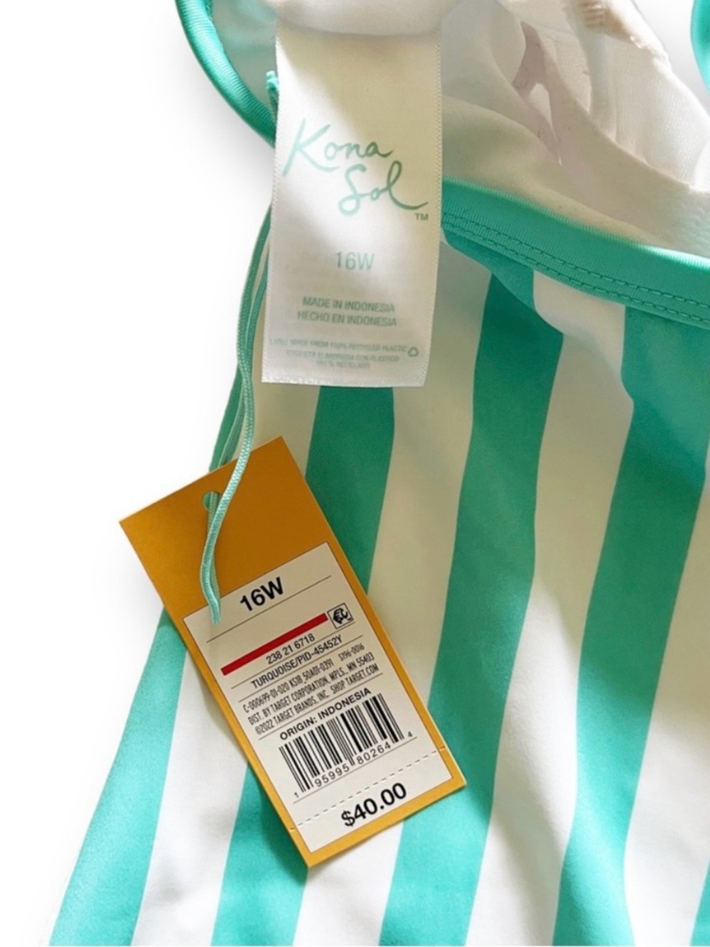 Kona Sol Turquoise Stripe One‑Piece Swimsuit 16W XXL - NWT - Picture 9 of 10